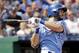 Kansas City Royals' Eric Hosmer hits an RBI-single during the second inning of a baseball game against the Minnesota Twins, Sunday, Sept. 10, 2017, in Kansas City, Mo. (AP Photo/Charlie Riedel)