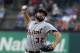 FILE - This Aug. 14, 2017 file photo shows Detroit Tigers starting pitcher Michael Fulmer throwing to the Texas Rangers in the first inning of a baseball game in Arlington, Texas. Fulmer will undergo elbow surgery on Tuesday, Sept. 12, 2017 and miss the remainder of the season, manager Brad Ausmus said Monday. Fulmer will have ulnar nerve transposition surgery performed by Dr. James Andrews in Florida. The should alleviate the numbness he had been experiencing with fingers on his right hand. (AP Photo/Tony Gutierrez, file)