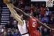 Cleveland Cavaliers forward Kevin Love (0) has a rebound knocked away by Houston Rockets center Clint Capela (15) during the first half of an NBA basketball game Thursday, Nov. 9, 2017, in Houston. (AP Photo/Michael Wyke)