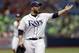 Tampa Bay Rays relief pitcher Tommy Hunter gestures to Baltimore Orioles' Adam Jones after Jones flied to right field during the eighth inning of a baseball game Wednesday, July 26, 2017, in St. Petersburg, Fla. (AP Photo/Chris O'Meara)