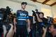 Overall leader's yellow jersey Great Britain's Christopher Froome reacts as he arrives to a press conference at his hotel on the second rest day of the 2016 Tour de France cycling race in Hilterfingen, Switzerland on July 19, 2016. / AFP / FABRICE COFFRINI (Photo credit should read FABRICE COFFRINI/AFP/Getty Images)