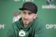 Boston Celtics' Gordon Hayward takes questions from members of the media during a news conference, Thursday, Nov. 2, 2017 at the Celtics' training facility in Waltham, Mass. Hayward broke his left ankle Oct. 17, 2017, while playing in Cleveland against the Cavaliers. (AP Photo/Steven Senne)