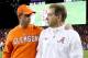 TAMPA, FL - JANUARY 09: Head coach Dabo Swinney of the Clemson Tigers (L) talks with Head coach Nick Saban of the Alabama Crimson Tide prior to the 2017 College Football Playoff National Championship Game at Raymond James Stadium on January 9, 2017 in Tampa, Florida. (Photo by Kevin Jairaj - Handout/Getty Images)
