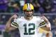 Green Bay Packers quarterback Aaron Rodgers (12) warms up before an NFL football game against the Minnesota Vikings in Minneapolis, Sunday, Oct. 15, 2017. (AP Photo/Bruce Kluckhohn)