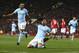 Manchester City's Nicolas Otamendi, center, celebrates after scoring his side's second goal during the English Premier League soccer match between Manchester United and Manchester City at Old Trafford Stadium in Manchester, England, Sunday, Dec. 10, 2017. (AP Photo/Dave Thompson)