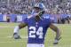 New York Giants' Eli Apple reacts after breaking up a pass during the first half of an NFL football game against the Seattle Seahawks, Sunday, Oct. 22, 2017, in East Rutherford, N.J. (AP Photo/Bill Kostroun)