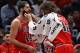 CHICAGO, IL - DECEMBER 11: Robin Lopez #42 of the Chicago Bulls tickles the beard of Nikola Mirotic #44 of the Chicago Bulls after Mirotic came out of the game against the Boston Celtics at the United Center on December 11, 2017 in Chicago, Illinois. The Bulls defeated the Celtics 108-85. NOTE TO USER: User expressly acknowledges and agrees that, by downloading and or using this photograph, User is consenting to the terms and conditions of the Getty Images License Agreement. (Photo by Jonathan Daniel/Getty Images)