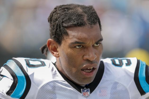 Carolina Panthers' Julius Peppers (90) on the sidelines during the second half of an NFL football game against the New Orleans Saints in Charlotte, N.C., Sunday, Sept. 24, 2017. The Saints won 34-13. (AP Photo/Bob Leverone)