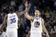 Golden State Warriors' Klay Thompson (11) high fives teammate Kevin Durant during the second half of an NBA basketball game against the Portland Trail Blazers Monday, Dec. 11, 2017, in Oakland, Calif. (AP Photo/Marcio Jose Sanchez)
