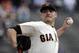 FILE - In this Sept. 20, 2017 file photo, San Francisco Giants starting pitcher Matt Moore throws to the Colorado Rockies during a baseball game in San Francisco. As planned, San Francisco exercised their $7 million option for Moore. In 2017 He was 6-15, a career-high losses, with a 5.52 ERA over 174 1/3 innings. He allowed a career-high 107 earned runs. (AP Photo/Marcio Jose Sanchez, File)
