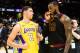 CLEVELAND, OH - DECEMBER 14: Lonzo Ball #2 of the Los Angeles Lakers listens to LeBron James #23 of the Cleveland Cavaliers after the game at Quicken Loans Arena on December 14, 2017 in Cleveland, Ohio. The Cavaliers defeated the Lakers 121-112. NOTE TO USER: User expressly acknowledges and agrees that, by downloading and or using this photograph, User is consenting to the terms and conditions of the Getty Images License Agreement. (Photo by Jason Miller/Getty Images)