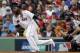 Boston Red Sox designated hitter Hanley Ramirez watches his single during the second inning of Game 4 of baseball's American League Division Series against the Houston Astros, Monday, Oct. 9, 2017, in Boston. (AP Photo/Charles Krupa)
