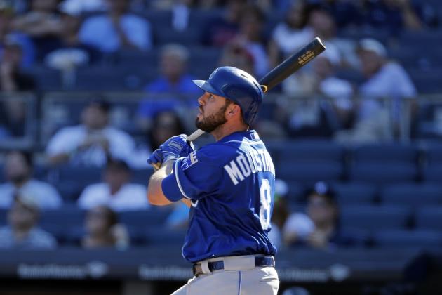 NEW YORK, NY - SEPTEMBER 25: Mike Moustakas #8 of the Kansas City Royals at bat against the New York Yankees at Yankee Stadium on September 25, 2017 in the Bronx borough of New York City. (Photo by Adam Hunger/Getty Images)