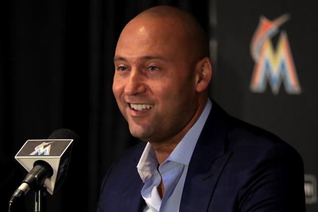 MIAMI, FL - OCTOBER 03:  Miami Marlins CEO Derek Jeter speak with members of the media at Marlins Park on October 3, 2017 in Miami, Florida.  (Photo by Mike Ehrmann/Getty Images)