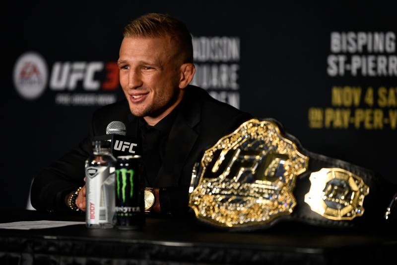 NEW YORK, NY - NOVEMBER 04: TJ Dillashaw speaks to the media during the UFC 217 post fight press conference event inside Madison Square Garden on November 4, 2017 in New York City. (Photo by Jeff Bottari/Zuffa LLC/Zuffa LLC via Getty Images)