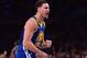 LOS ANGELES, CA - DECEMBER 18: Klay Thompson #11 of the Golden State Warriors celebrates a 116-114 win over the Los Angeles Lakers at the buzzer at Staples Center on December 18, 2017 in Los Angeles, California. (Photo by Harry How/Getty Images)