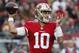 San Francisco 49ers quarterback Jimmy Garoppolo (10) passes against the Jacksonville Jaguars during the first half of an NFL football game in Santa Clara, Calif., Sunday, Dec. 24, 2017. (AP Photo/Tony Avelar)