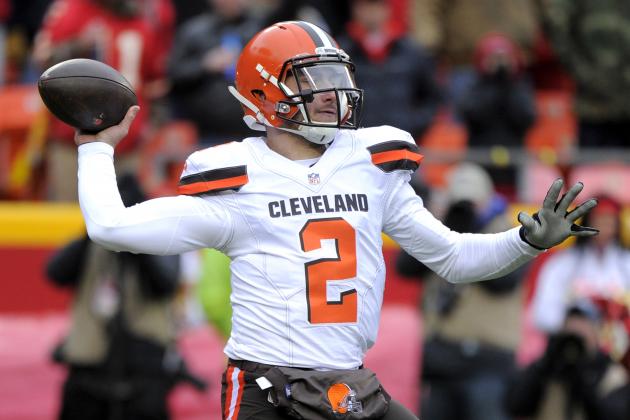 FILE - In this Dec. 27, 2015, file photo, Cleveland Browns quarterback Johnny Manziel (2) throws during the first half of an NFL football game against the Kansas City Chiefs in Kansas City, Mo. Manziel's footwork, decision making and grasp of a pro offense improved significantly in his second season. But now that it is over, the Browns want him to concentrate on his off-field issues. (AP Photo/Ed Zurga, File)