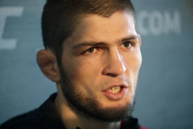 Khabib Nurmagomedov, of Russia, speaks with the media during a news conference for UFC 209, Thursday, March 2, 2017, in Las Vegas. Nurmagomedov is scheduled to fight Tony Ferguson in a lightweight fight Saturday in Las Vegas. (AP Photo/John Locher)
