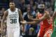 Houston Rockets' James Harden (13) protests a call beside Boston Celtics' Marcus Smart (36) during the first quarter of an NBA basketball game in Boston, Thursday, Dec. 28, 2017. (AP Photo/Michael Dwyer)