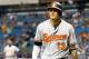 ST. PETERSBURG, FL - OCTOBER 1: Manny Machado #13 of the Baltimore Orioles walks back to the dugout after striking out during the game against the Tampa Bay Rays at Tropicana Field on October 1, 2017 in St. Petersburg, Florida. (Photo by Joseph Garnett Jr./Getty Images)