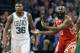 Houston Rockets' James Harden (13) protests a call beside Boston Celtics' Marcus Smart (36) during the first quarter of an NBA basketball game in Boston, Thursday, Dec. 28, 2017. (AP Photo/Michael Dwyer)