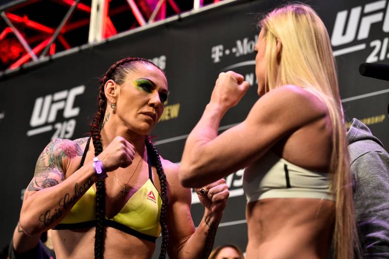 LAS VEGAS, NV - DECEMBER 29: (L-R) Cris Cyborg of Brazil and Holly Holm face off during the UFC 219 weigh-in inside T-Mobile Arena on December 29, 2017 in Las Vegas, Nevada. (Photo by Brandon Magnus/Zuffa LLC/Zuffa LLC via Getty Images)