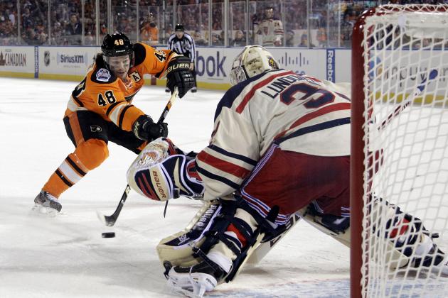 Philadelphia Flyers' Danny Briere (48) cannot get a penalty in shot past New York Rangers' Henrik Lundqvist (30), of Sweden, the third period of the NHL Winter Classic hockey game, Monday, Jan. 2, 2012, in Philadelphia. New York won 3-2. (AP Photo/Matt Slocum)