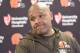 Cleveland Browns head coach Hue Jackson attends a post-game meeting with reporters following an NFL football game against the Pittsburgh Steelers in Pittsburgh, Sunday, Dec. 31, 2017. The Steelers won 28-24. (AP Photo/Don Wright)