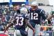 FOXBORO, MA - DECEMBER 31: Dion Lewis #33 of the New England Patriots celebrates with Tom Brady #12 after scoring a 5-yard receiving touchdown during the second quarter against the New York Jets at Gillette Stadium on December 31, 2017 in Foxboro, Massachusetts. (Photo by Maddie Meyer/Getty Images)
