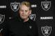 Oakland Raiders head coach Jack Del Rio reacts during a news conference after an NFL football game against the Los Angeles Chargers, Sunday, Dec. 31, 2017, in Carson, Calif. (AP Photo/Kelvin Kuo)