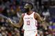 Houston Rockets guard James Harden (13) reacts during the second half of an NBA basketball game against the Washington Wizards, Friday, Dec. 29, 2017, in Washington. The Wizards won 121-103. (AP Photo/Alex Brandon)