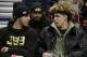 LiAngelo Ball, left, and his brother, LaMelo, talk before an NBA basketball game between the Los Angeles Lakers and the Cleveland Cavaliers, Thursday, Dec. 14, 2017, in Cleveland. (AP Photo/Tony Dejak)