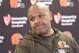 Cleveland Browns head coach Hue Jackson attends a post-game meeting with reporters following an NFL football game against the Pittsburgh Steelers in Pittsburgh, Sunday, Dec. 31, 2017. The Steelers won 28-24. (AP Photo/Don Wright)