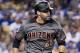 LOS ANGELES, CA - OCTOBER 7: J.D. Martinez #28 of the Arizona Diamondbacks runs to first base during Game Two of the National League Division Series against the Los Angeles Dodgers at Dodger Stadium on October 7, 2017 in Los Angeles, California. (Photo by Sarah Sachs/Arizona Diamondbacks/Getty Images)