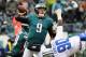 PHILADELPHIA, PA - DECEMBER 31: Quarterback Nick Foles #9 of the Philadelphia Eagles looks ot pass against defensive end Demarcus Lawrence #90 of the Dallas Cowboys during the first quarter of the game at Lincoln Financial Field on December 31, 2017 in Philadelphia, Pennsylvania. (Photo by Elsa/Getty Images)