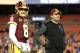 Washington Redskins quarterback Kirk Cousins (8) and head coach Jay Gruden stand on the field prior to an NFL football game against the New York Giants, Thursday, Nov. 23, 2017, in Landover, Md. (AP Photo/Mark Tenally)