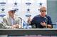Dallas Cowboys head coach Jason Garrett, right, answers a question from the media as Cowboys owner Jerry Jones looks on during the