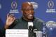 Michigan State defensive coordinator Harlon Barnett gives an opening statement during a news conference for the NCAA Cotton Bowl college football game against Alabama, Sunday, Dec. 27, 2015, in Dallas. (AP Photo/Brandon Wade)