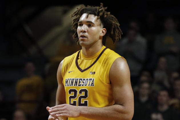 FILE - In this Jan. 3, 2018, file photo, Minnesota center Reggie Lynch plays against Illinois in the second half of an NCAA college basketball game in Minneapolis. Lynch faces suspension over an alleged violation of the school's sexual misconduct policy. The Minneapolis Star Tribune and the St. Paul Pioneer Press report that Lynch was accused last fall by a woman who said he assaulted her in his dorm room in April 2016. (AP Photo/Jim Mone, File)