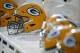 GREEN BAY, WI - DECEMBER 03: A detail view of Green Bay Packers helmets on the bench before the game against the Tampa Bay Buccaneers at Lambeau Field on December 3, 2017 in Green Bay, Wisconsin. (Photo by Dylan Buell/Getty Images)