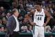 Michigan State coach Tom Izzo, left, and Nick Ward (44) talk during the second half of an NCAA college basketball game against Cleveland State, Friday, Dec. 29, 2017, in East Lansing, Mich. Michigan State won 111-61. (AP Photo/Al Goldis)