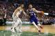 Philadelphia 76ers' Ben Simmons drives on Boston Celtics' Jayson Tatum during the second quarter of a preseason NBA basketball game in Boston Monday, Oct. 9, 2017. (AP Photo/Winslow Townson)