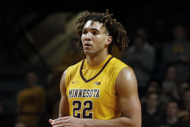 FILE - In this Jan. 3, 2018, file photo, Minnesota center Reggie Lynch plays against Illinois in the second half of an NCAA college basketball game in Minneapolis. Lynch faces suspension over an alleged violation of the school's sexual misconduct policy. The Minneapolis Star Tribune and the St. Paul Pioneer Press report that Lynch was accused last fall by a woman who said he assaulted her in his dorm room in April 2016. (AP Photo/Jim Mone, File)