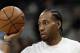 San Antonio Spurs forward Kawhi Leonard before an NBA basketball game against the Phoenix Suns, Friday, Jan. 5, 2018, in San Antonio. (AP Photo/Eric Gay)