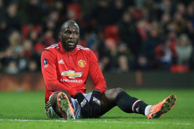 Manchester United's Belgian striker Romelu Lukaku reacts during the English FA Cup third round football match between Manchester United and Derby County at Old Trafford in Manchester, north west England, on January 5, 2018. / AFP PHOTO / Lindsey PARNABY / RESTRICTED TO EDITORIAL USE. No use with unauthorized audio, video, data, fixture lists, club/league logos or 'live' services. Online in-match use limited to 75 images, no video emulation. No use in betting, games or single club/league/player publications.  /         (Photo credit should read LINDSEY PARNABY/AFP/Getty Images)