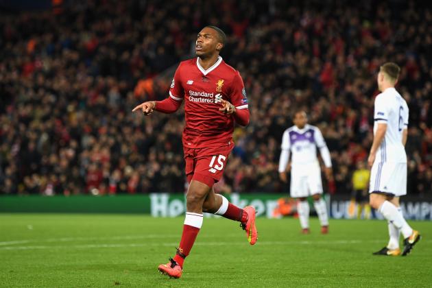 LIVERPOOL, ENGLAND - NOVEMBER 01: Daniel Sturridge of Liverpool celebrates scoring his sides third goal during the UEFA Champions League group E match between Liverpool FC and NK Maribor at Anfield on November 1, 2017 in Liverpool, United Kingdom.  (Photo by Michael Regan/Getty Images)