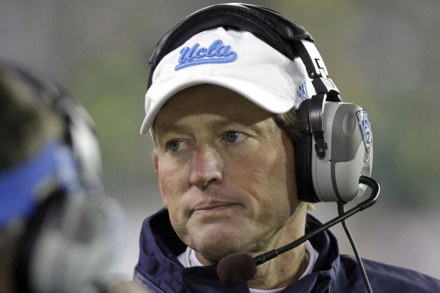 UCLA head football coach Rick Neuheisel is shown during the second half of their NCAA Pac-12 Championship game against Oregon in Eugene, Ore., Friday, Dec. 2, 2011. (AP Photo/Don Ryan)