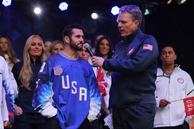 NEW YORK, NY - NOVEMBER 01: Ice Hockey player Brian Gionta speaks during the 100 Days Out 2018 PyeongChang Winter Olympics Celebration - Team USA in Times Square on November 1, 2017 in New York City.  (Photo by Abbie Parr/Getty Images)