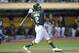 OAKLAND, CA - SEPTEMBER 26: Khris Davis #2 of the Oakland Athletics hits a two-run homer against the Seattle Mariners in the bottom of the six inning at Oakland Alameda Coliseum on September 26, 2017 in Oakland, California. (Photo by Thearon W. Henderson/Getty Images)